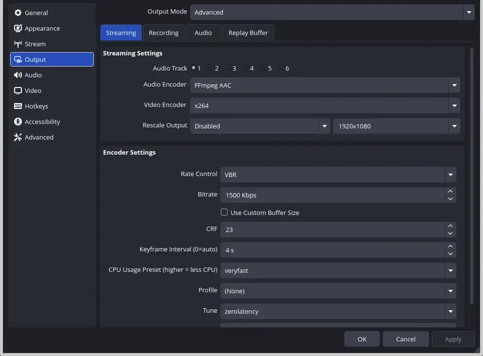The Output settings pane in Advanced mode