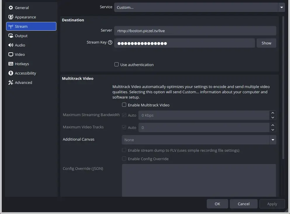 The Stream settings pane, with Service set to Custom